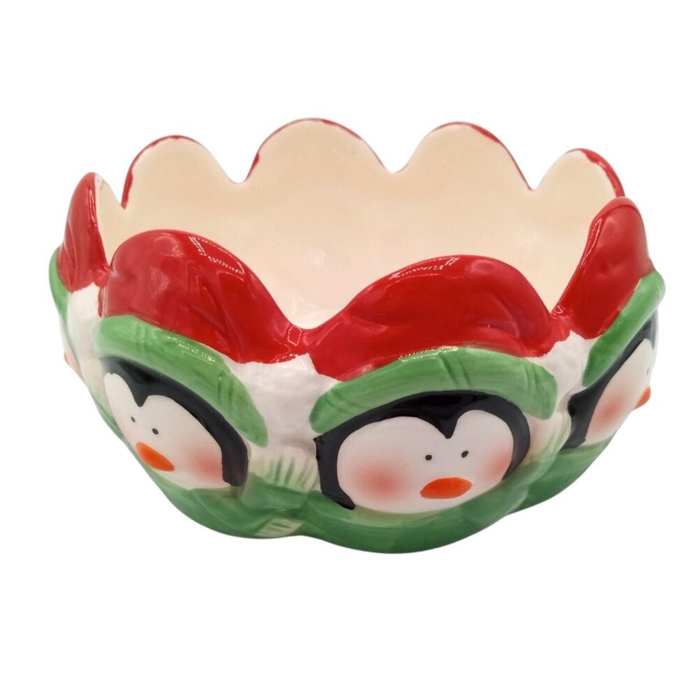 Penguin Holiday Bowl Royal Norfolk Hand-Painted Ceramic Christmas 5.75 Inches
